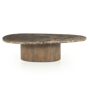 Modern Oval Natural Grain Curve Edges <b>Marble</b> Top <b>Coffee</b> <b>Table</b> With Solid Mango Wooden Brown Finish Base Living Room Furniture - Product Image 2
