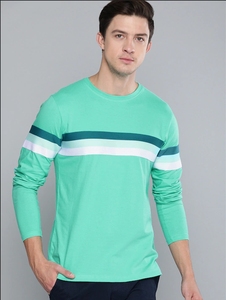 Chemise décontractée à manches longues rayée vert menthe pour homme, col tricoté sans col, idéale pour l'été - Product Image 1