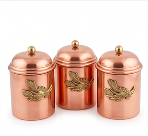 Vintage Copper Canister <b>Set</b> Of Three Adorable Kitchenware Accessories Ideal For Restaurant Hotel Shelf Decor And Storage Use - Product Image 1