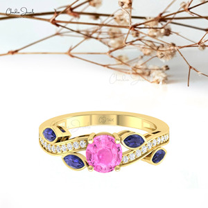 Natural 0.74 Cts Prong <b>Set</b> Pink Sapphire & Blue Sapphire Twisted Bypass <b>Ring</b> with 14k Solid <b>Gold</b> Diamond Wrap <b>Ring</b> for Women - Product Image 3
