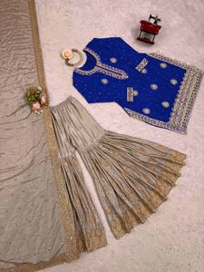 Conjunto de Kurta Sharara Azul Bordado para Mujer con Dupatta, Traje Étnico para Bodas y Fiestas - Product Image 3