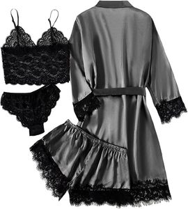 Conjunto de Bata de Satén para Mujer, 4 Piezas, con Encaje, Lencería Sexy, Largo hasta la Rodilla, Manga Tres Cuartos, Color Negro Sólido - Product Image 5
