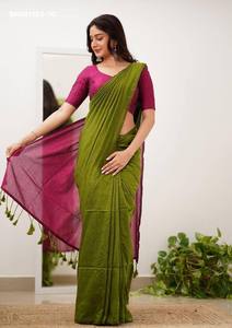 Nouvelle variété de sari en coton Khadi de qualité supérieure avec pallu contrastant, broderie de blouse et pompons, fabriqué en Inde, mode féminine. - Product Image 3