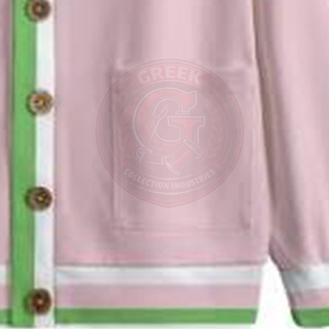 Cardigan en tricot acrylique pour femme, rose, vert et blanc, avec logo AKA et lettres grecques, col en V, manches longues - Product Image 4