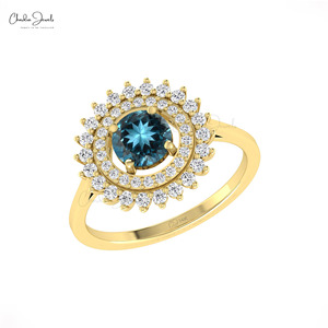 Anillo de cóctel con doble halo de topacio azul de Londres de corte redondo de 6 mm y diamantes en oro macizo de 14k, anillo de compromiso y boda. - Product Image 4