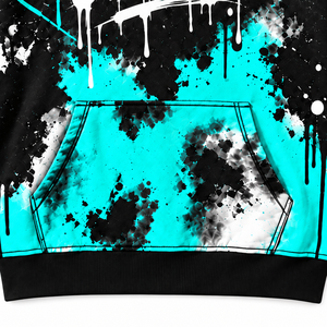 Sweat-shirt à capuche personnalisé unisexe, coupe oversize, hiver, 100% coton, style punk streetwear, motif gouttelettes, noir et turquoise, poche avant - Product Image 5