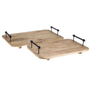 Plateau de service rectangulaire moderne en bois de manguier massif avec poignées métalliques, finition brun vintage poli, décoration intérieure pour usage en restaurant - Product Image 4