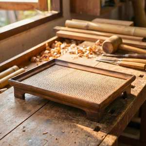 Plateau de service en bois massif fait main avec support surélevé en rotin tressé pour le service et la présentation d'ensembles de thé - Product Image 2