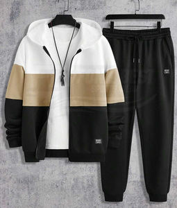 Ensemble de survêtement à capuche zippé pour homme, 100% Coton respirant, imprimé uni, manches longues, coupe droite décontractée, design 2-en-1, Hiver, Vente en gros - Product Image 4