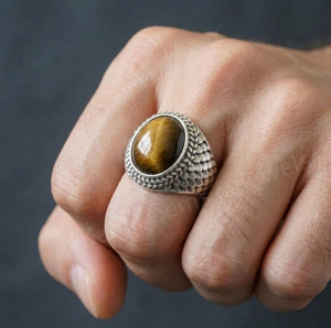 <b>Solid</b> 925 Sterling <b>Silver</b> 12mm Round Shape Tiger Eye Gemstone Snake Skin Texture Signet Men's Ring Bezel Setting Gift For Him - Product Image 4