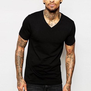 T-shirt en coton noir à col en V pour homme, coupe ajustée, manches courtes, jersey décontracté, couleur unie, haut basique - Product Image 1