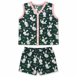Ensemble T-shirt et short en tricot imprimé à col en V, motif lapin de dessin animé, bordure verte et rose, tenue décontractée d'été pour enfants - Product Image 1