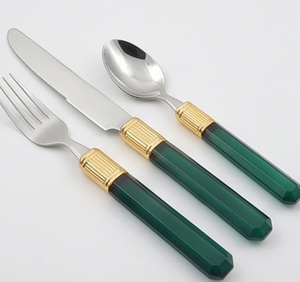 Ensemble de couverts en acier inoxydable plaqué or et vert, finition miroir, manche long, vaisselle moderne de luxe pour les occasions de mariage - Product Image 3