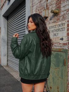 Green Leather Bomber <b>Jacket</b> <b>with</b> <b>Zipper</b> Closure Turn-down Collar Regular Sleeve Men's Eco-Friendly Front <b>Pocket</b> Winter Wear - Product Image 4