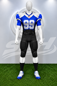 Uniforme de football américain personnalisé bleu royal et noir pour hommes, maillot respirant à col en V avec pantalon rembourré renforcé, personnalisable pour équipe - Product Image 2