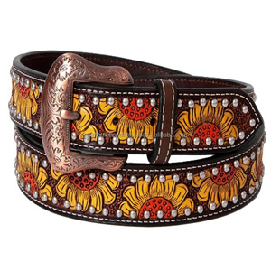 Unisex Hand Carved Floral Embossed Top Grain Genuine Western Leather <b>Tooling</b> Belt at Wholesale Manufacturer India - Product Image 2