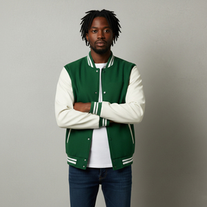 High Quality Men's Green White Varsity <b>Jacket</b> Embroidered Logo Front Casual Autumn Baseball Style Regular Fit Turn-down Collar - Product Image 6