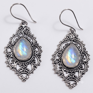 925 Sterling Silver Handmade Bezel Setting Drop Earrings Rainbow Moon stone Pear Cut Bohemian January Birthstone Jewelry - Product Image 3