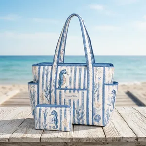 ABSTRACT INDIA Geometric Digital Printed Cotton Quilted <b>Tote</b> <b>Bag</b> Shoulder Handle <b>Extra</b> <b>Large</b> Includes Matching Cosmetic Pouch - Product Image 3