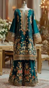 ATIYA LIBAS Traditional Embroidered Floral Design Chiffon <b>Kurta</b> Sarara Dupatta <b>Women</b> Wedding Engagement Green Gold Ethnic - Product Image 3