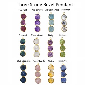 Emerald Three Stone Long Pendant Gold Vermeil Sterling <b>Silver</b> Bezel Set Raw Gemstone <b>Charm</b> Handmade Jewelry Gift for Her - Product Image 5