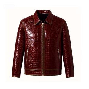 Chaqueta de Motociclista de Cuero Genuino Rojo para Hombre, con Patrón de Cocodrilo Repujado, Cuello Camisero, Cierre de Cremallera, Corte Regular, Estilo Otoñal - Product Image 1