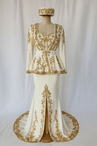 Elegant <b>Cream</b> Gold Embroidered Floor-Length Traditional Wedding Karakou Dress <b>Set</b> for Women Regular Fit Banana Crape Material - Product Image 3
