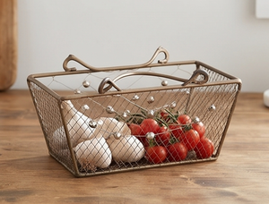 Artisanal Vintage Metal <b>Wire</b> <b>Storage</b> <b>Basket</b> Rectangle With Handles Multi-Purpose Neatening Organizer Stylish Home Accent - Product Image 2