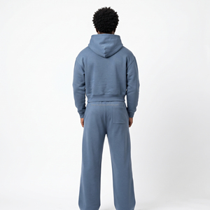 Ensemble survêtement décontracté bleu pour homme : sweat à capuche et pantalon de survêtement couleur unie, coupe droite, avec cordon de serrage et poches, longueur intégrale - Product Image 5