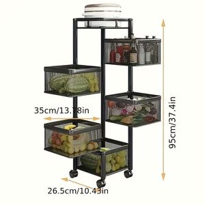 Carrello portafrutta e verdura a 5 ripiani girevole in metallo, carrello da cucina multiuso con ruote, isola cucina a più livelli - Product Image 5