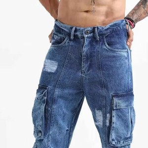 Pantalon en jean streetwear pas cher pour homme, coupe droite longue, ample, empilé, en coton, délavé, à jambe large - Product Image 4