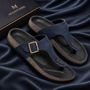 Sandalias Ergonómicas Azul Marino con Doble Hebilla, Chanclas Casuales de Punta Abierta, Correa Ajustable, Parte Superior de PU Cómoda, Forro de Cuero, Suela de EVA Duradera - Product Image 1