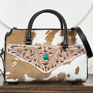 New Customized Genuine <b>Leather</b> Cowhide Hair-On Duffel Bag Western Floral <b>Tooled</b> Speedy Bag Travel Handbag Turquoise Stone Style - Product Image 4
