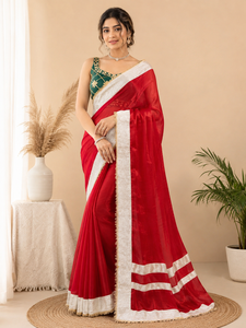 Sari en soie rouge avec bordure blanche et chemisier brodé vert, tenue de mariage traditionnelle indienne et pakistanaise, longueur au sol, pour femme - Product Image 1