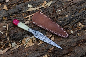 Cuchillo de caza de hoja fija de acero de Damasco OEM DIY con mango de hueso y funda de cuero, herramientas multifuncionales para camping al aire libre, punta de lanza - Product Image 4