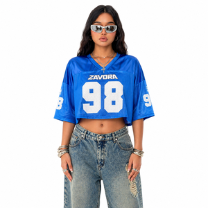 T-shirt court tendance bleu pour femme, imprimé, en maille respirante, à manches courtes, col en V, coupe ample, style maillot de football américain, streetwear sportif - Product Image 1