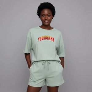 Conjunto de Camiseta y Pantalones Cortos de Verano para Mujer, Formal, de Manga Larga, Encaje Sólido, Tejido de Punto, 100% Algodón, Cuello Redondo, Cintura Elástica, Largo hasta la Rodilla - Product Image 2