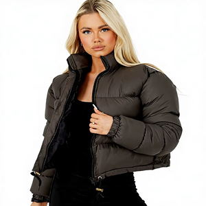 Women's Quilted Puffer Jacket Black <b>Stand</b> Collar Zipper Closure Full Sleeve Winter Outerwear Short Length Thick Padding - Product Image 1