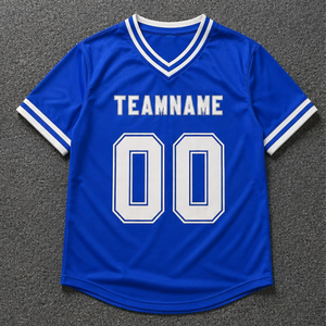 เสื้อบาสเก็ตบอลสีน้ำเงินแบบกำหนดเอง คอวี แขนสั้น พิมพ์ลายแบบระเหิด ระบายอากาศได้ดี ซับเหงื่อ สำหรับผู้ใหญ่ แบบเรียบ - Product Image 1