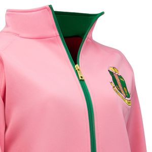 <b>Pink</b> and Green Women Full Zip Track <b>Jacket</b> with Embroidered Crest Long Sleeve Athletic Casual Sports Outerwear Comfortable Wear - Product Image 5