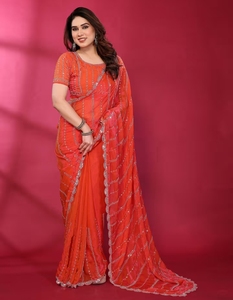 KV <b>Red</b> Embellished/Sequined <b>Saree</b> With Unstitched Blouse - Product Image 5