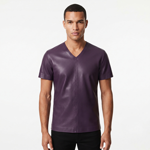 T-shirt en cuir véritable pour homme, t-shirt en cuir de vachette de qualité supérieure pour homme, col en V, manches courtes, t-shirts en cuir - Product Image 6