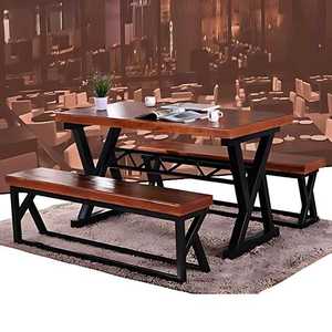 Industrial Solid Wood <b>Dining</b> <b>Table</b> <b>Set</b> with 2 <b>Benches</b> 6 Seater Rustic Metal X-Frame Mango Wood <b>Dining</b> <b>Set</b> for Restaurant - Product Image 2