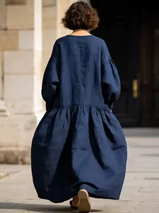 Robe maxi en coton jaune moutarde à manches longues, coupe ample, style bohème décontracté pour femmes avec poches - Product Image 5