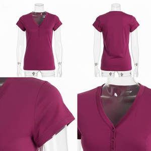 Nouveauté 2026 – Hauts pour femmes en gros : T-shirt décontracté à manches courtes, col rond, boutonné, en maille unie – Nouveau design - Product Image 6