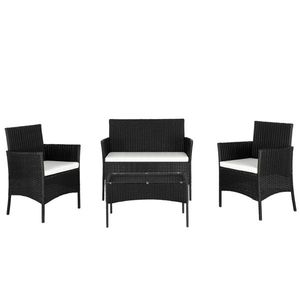 Set di Mobili da Giardino: 2 Sedie con Braccioli in Rattan Nero, 1 Divanetto e Tavolino in Vetro Temperato - Product Image 1