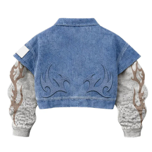 Chaqueta vaquera personalizada con cremallera, mangas con efecto llama, estilo urbano, informal, corta, estilo Y2K, para mujer y unisex. - Product Image 2