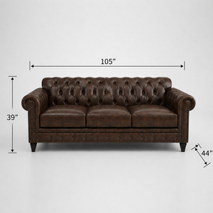 Sofá Chesterfield de Cuero Marrón Vintage de 3 Plazas con Botones y Brazos Enrollados para Sala de Estar - Product Image 2