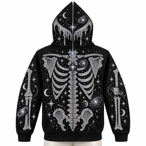 Gothic Skeleton Solid <b>Zip</b>-Up <b>Hoodie</b> Unisex Oversized Fit <b>Black</b> Hooded French Terry Windproof Autumn Wear Glitter Print - Product Image 6