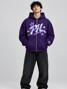 Sweat-shirt à capuche zippé pour homme, imprimé logo personnalisé, style streetwear, molleton de coton épais, violet, coupe oversize, style hip-hop - Product Image 3